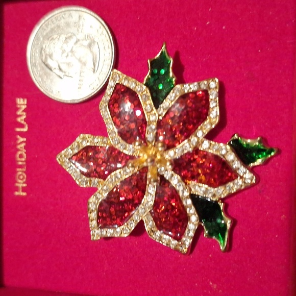 Christmas Brooch Poinsettia Red Green Gold Rhinestone Marked TC 2in. - Picture 3 of 5